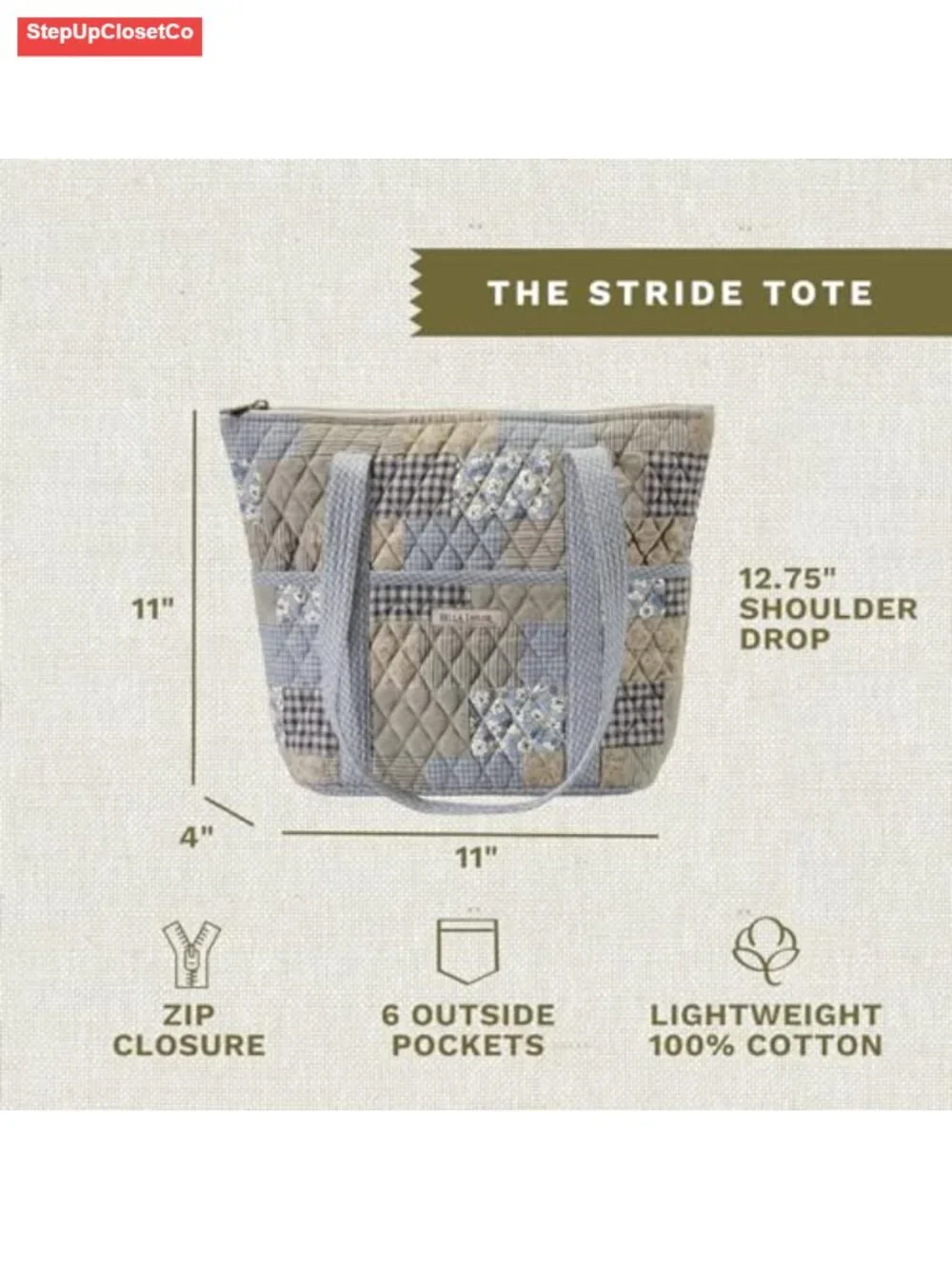 Quilted Cotton Shoulder Tote Bag for Women - 10 Pockets Zip Closure Lightweight